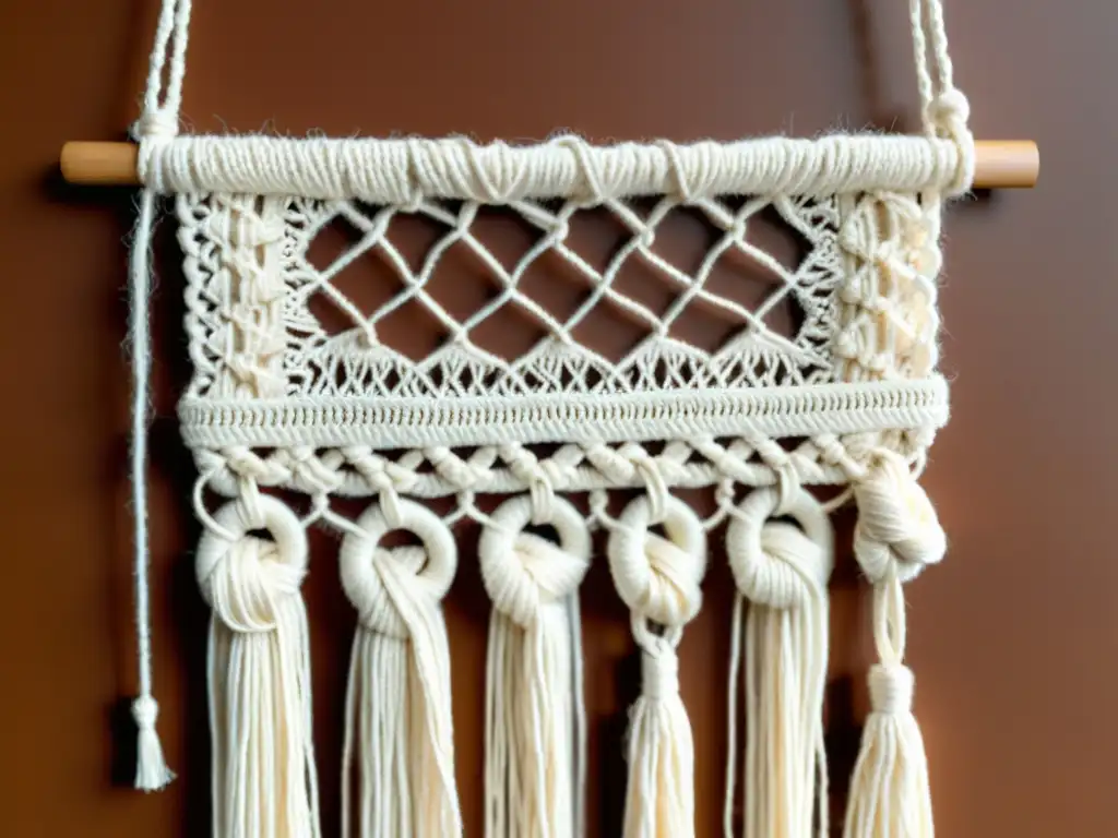 Detalles delicados y cálidos tonos terrosos de este macramé vintage inspiran inversión en arte