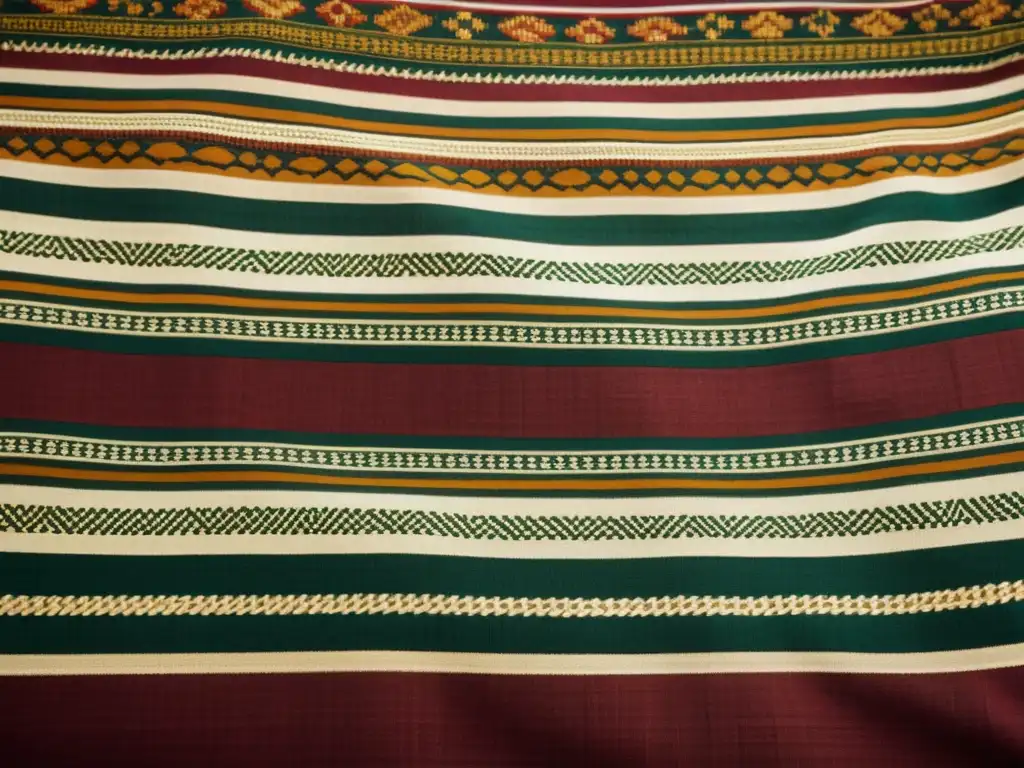 Detalles de diseño de patrones culturales en textil vintage tejido a mano en tonos terrosos, con símbolos tradicionales y textura palpable