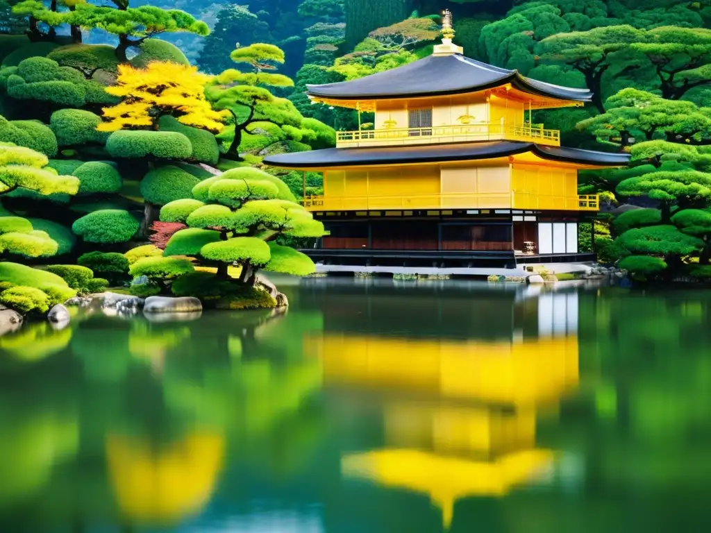 Detalles dorados del Kinkakuji brillan en armonía con la naturaleza, evocando la belleza atemporal de los patrones arquitectónicos en Japón