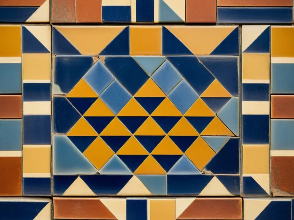 Detalles enriquecidos de azulejo vintage con patrón geométrico en tonos cálidos de terracota y añil