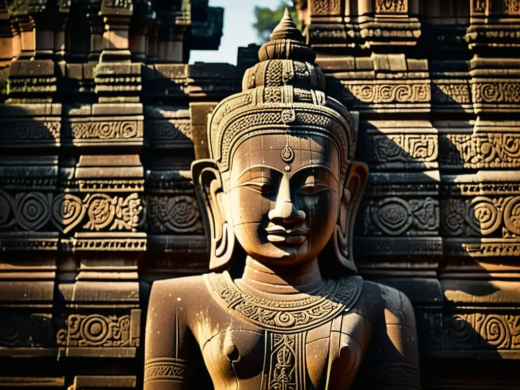 Detalles escultóricos de los templos Angkor: patrones finamente tallados en piedra, juego de luces y sombras en tonos cálidos y terrosos