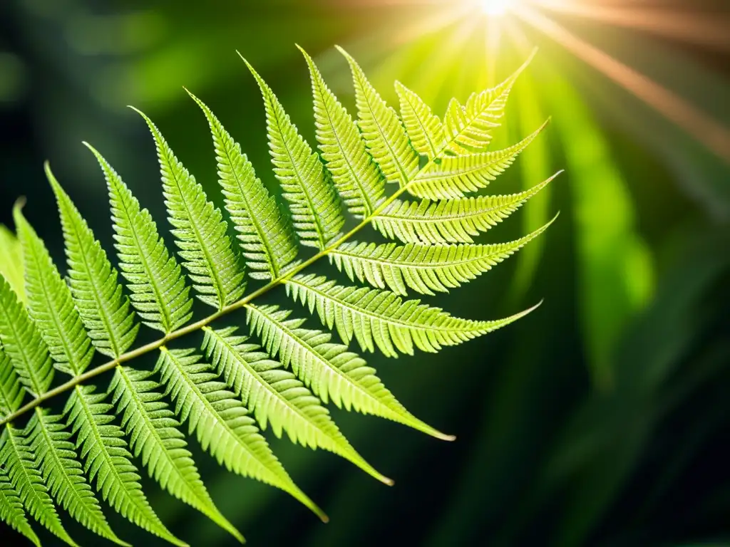 Detalles de la estructura fractal de una hoja de helecho, iluminada por el sol, evocando belleza natural y complejidad matemática