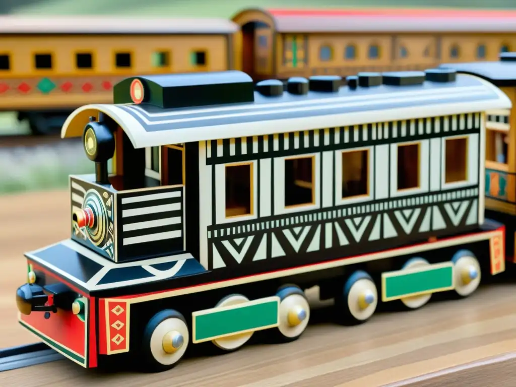 Tren de juguete vintage pintado a mano con diseños étnicos Detalles étnicos en juguete de madera vintage, pintado a mano con diseños inspirados en arte indígena