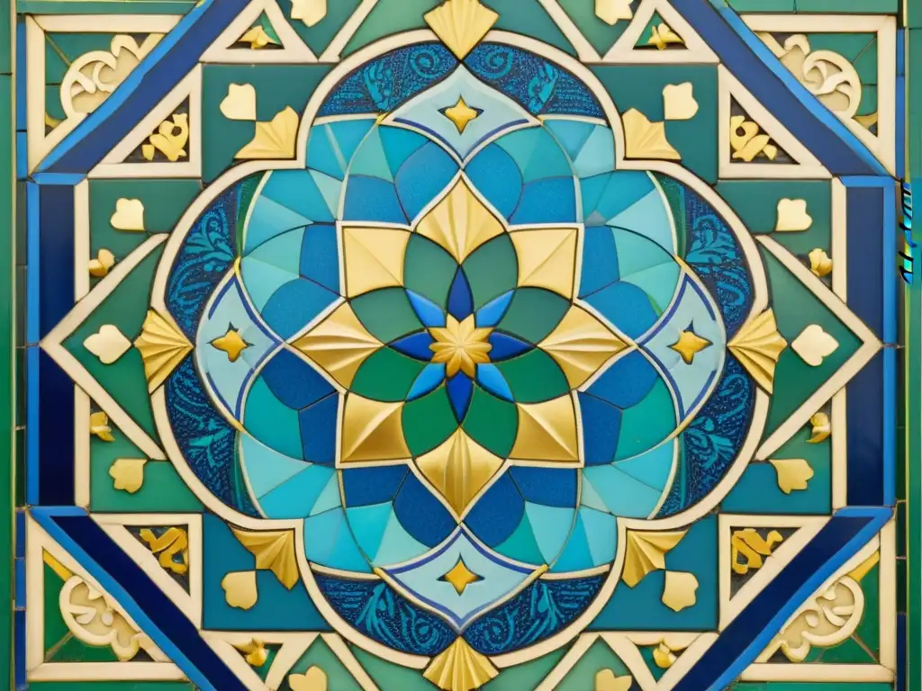 Detalles exquisitos de un antiguo mosaico islámico en tonos de azul, verde y dorado, resaltando los patrones artísticos y religiosos del diseño