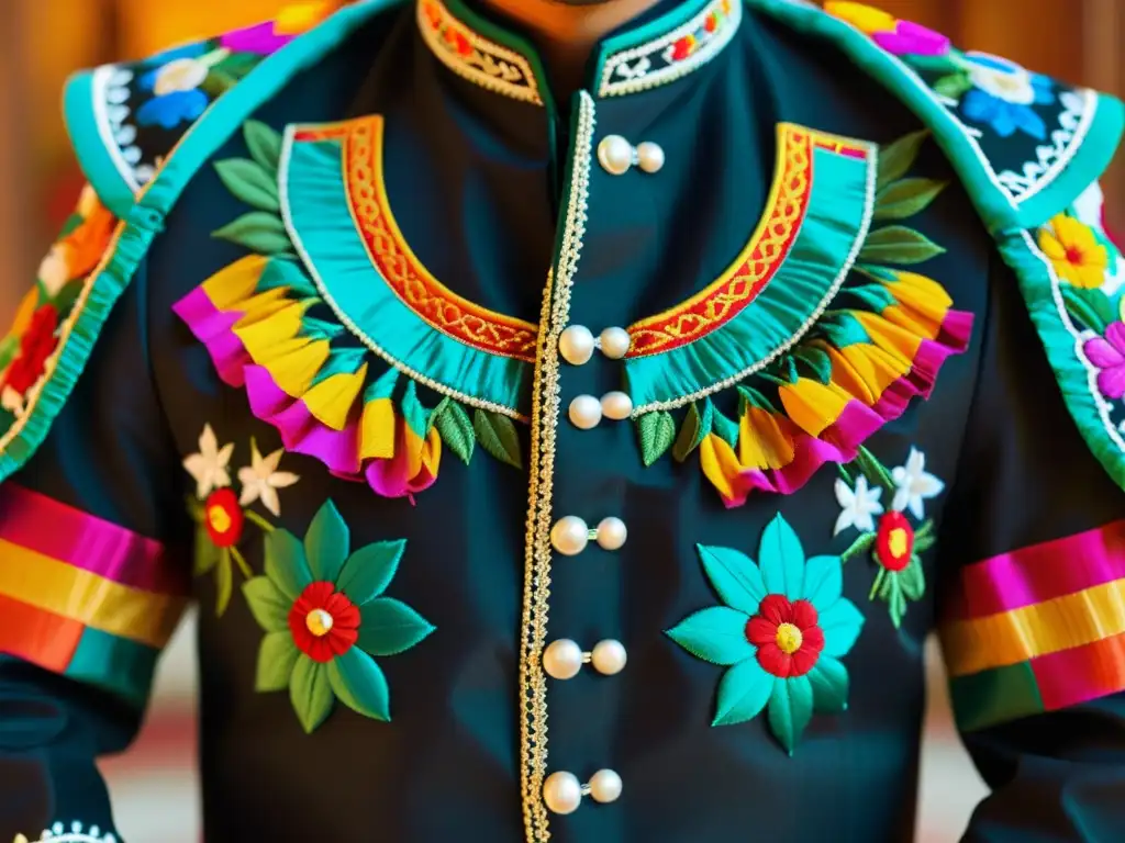 Detalles exquisitos y colores vibrantes en traje de mariachi, con significado cultural en los patrones y motivos florales y geométricos