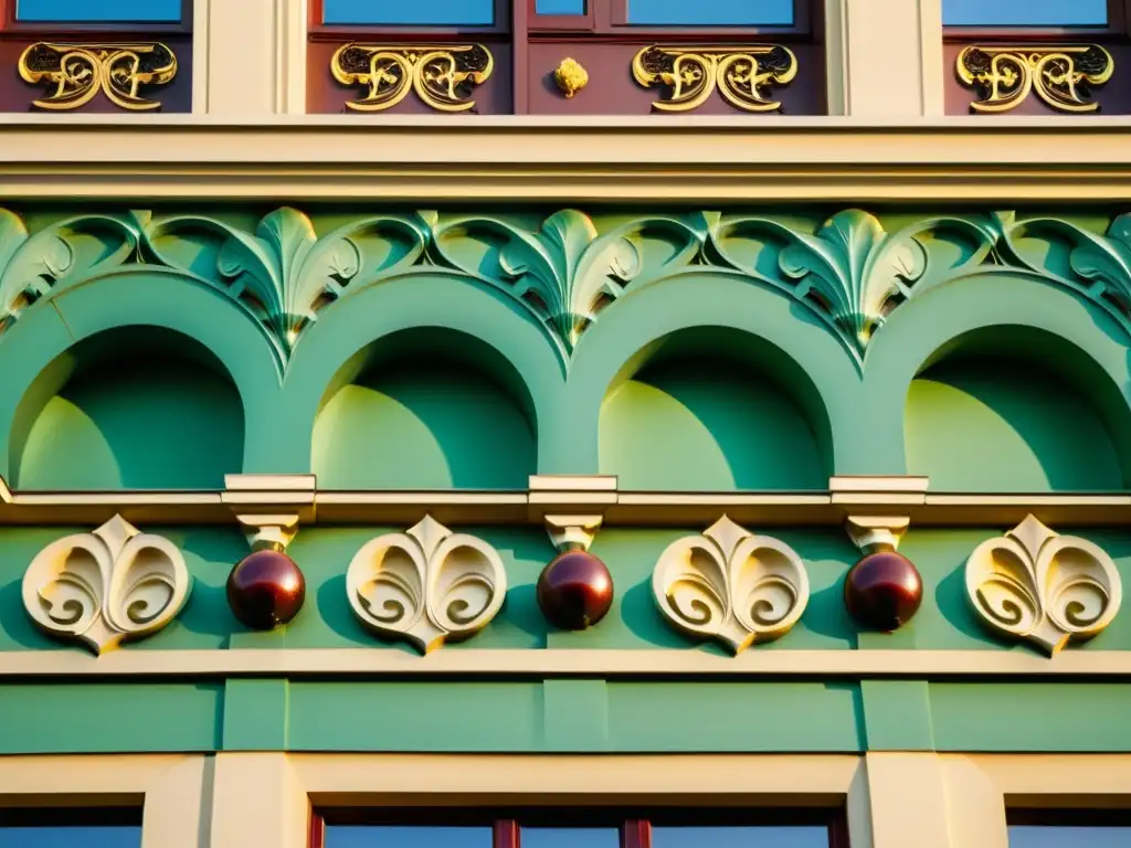 Detalles exquisitos de patrones decorativos Jugendstil en Austria, resplandeciendo en tonos terrosos y luz solar