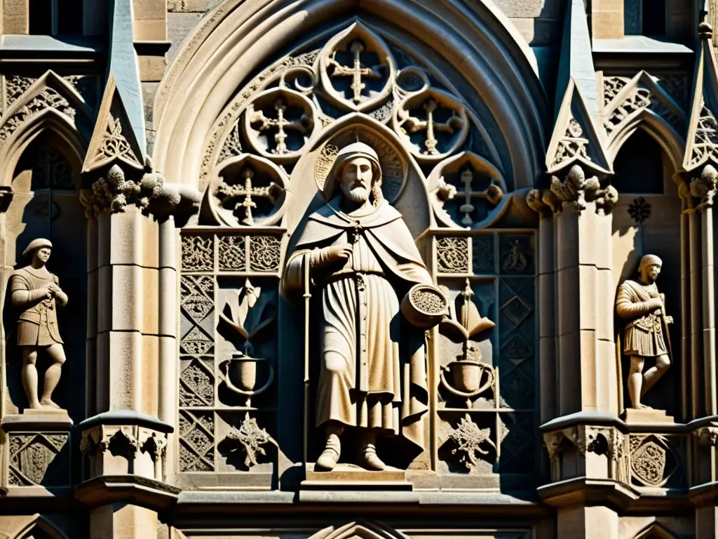 Detalles de la fachada de una catedral medieval con marcas de cantero, resaltando la artesanía y significado histórico en la arquitectura medieval