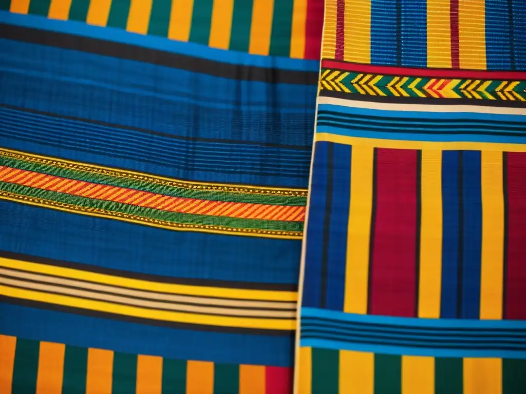 Detalles finos del tejido Kente Ashanti, con colores vibrantes y patrones tradicionales