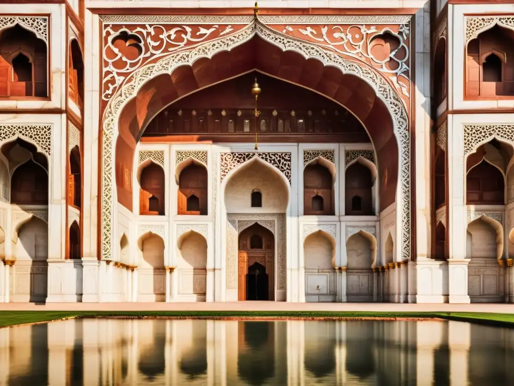 Detalles geométricos de la arquitectura India en el Taj Mahal: patrones simétricos, mármol en tonos tierra y sombras dramáticas