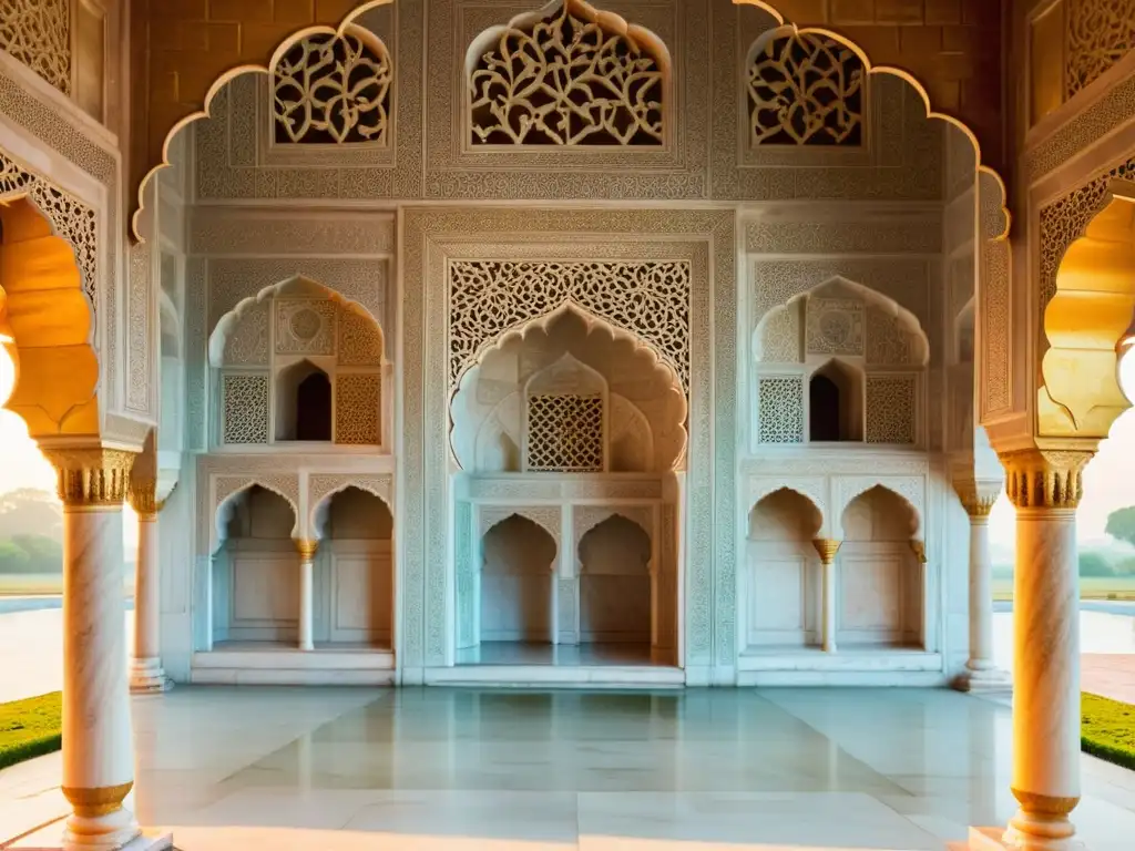 Detalles geométricos dorados en las paredes del Taj Mahal, reflejo de la arquitectura India