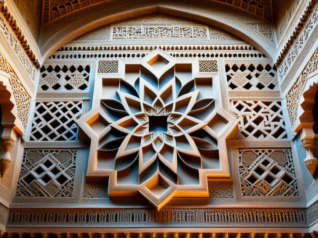 Detalles geométricos y grabados en la Alhambra, con juego de luz y sombra