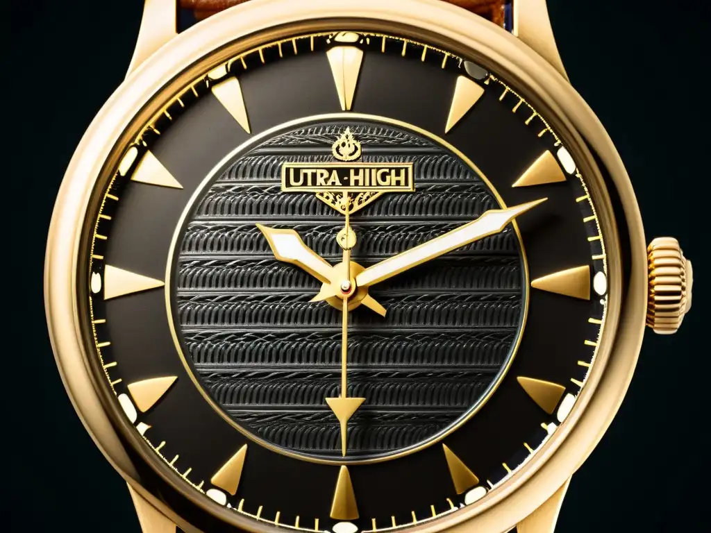 Detalles icónicos en relojes de colección: patrón en dial vintage con manos de oro o plata, sobre fondo negro brillante