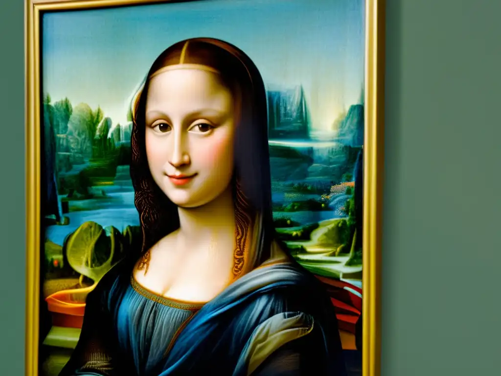 Detalles impactantes de la sonrisa enigmática y los patrones de la ropa en la Mona Lisa de Leonardo da Vinci, revelando la interpretación de patrones ocultos en pinturas clásicas