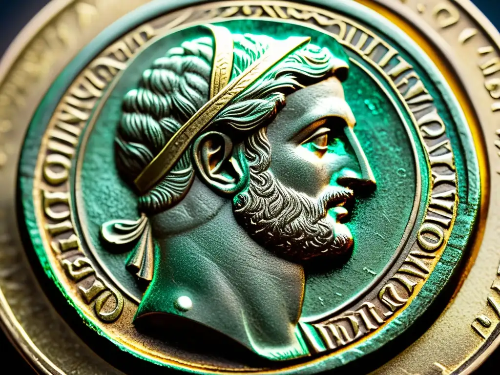 Detalles impresionantes de moneda romana antigua Detalles intrincados de una antigua moneda romana con pátina, resaltando el significado de patrones en monedas y su artesanía histórica