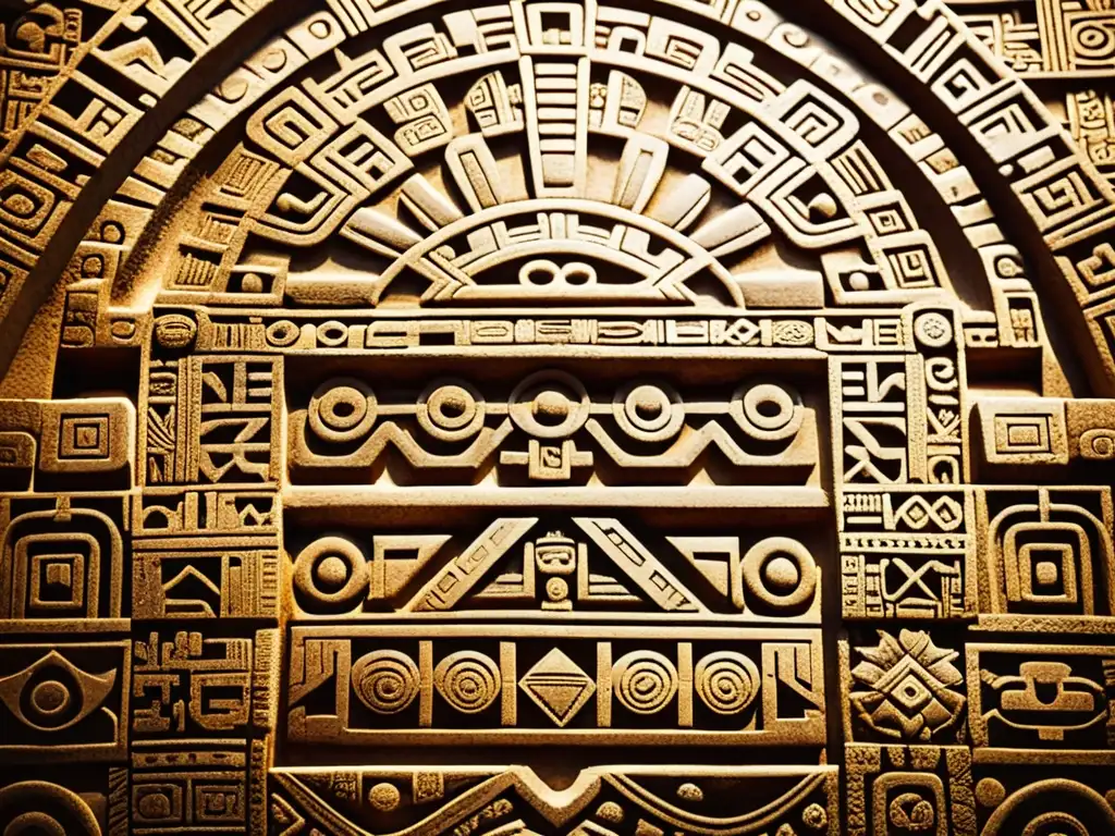 Detalles intrincados de antiguas tallas aztecas en piedra, evocando misterio y riqueza cultural