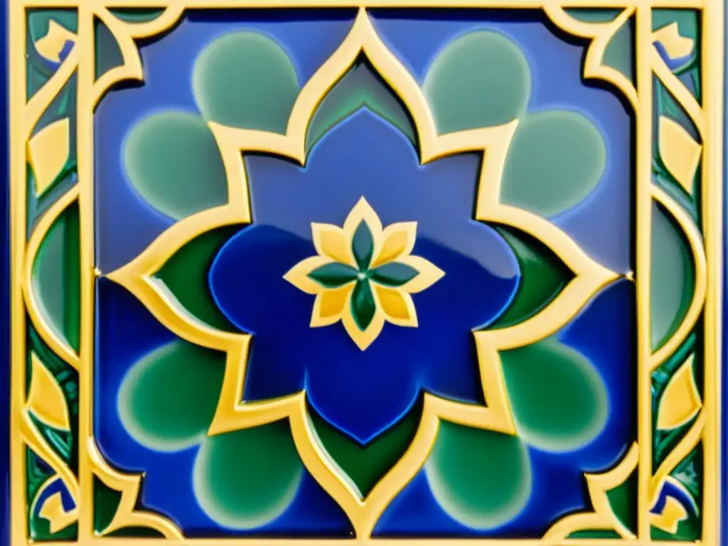 Detalles intrincados de un azulejo cerámico islámico en azul, verde y oro