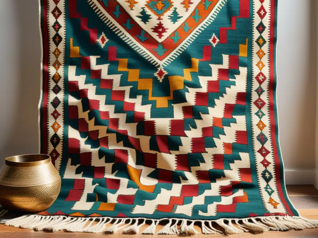 Detalles intrincados y colores vibrantes en un kilim turco tejido a mano, con bordados detallados y flecos