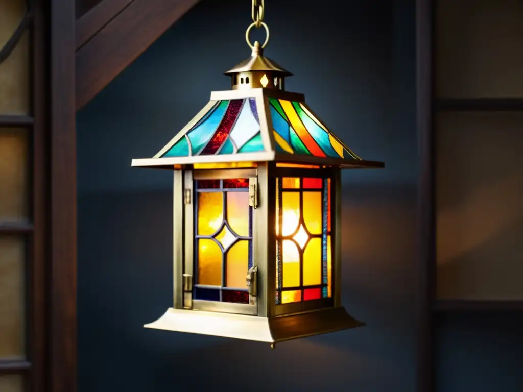 Lámpara vintage de cristales de colores Detalles intrincados y colores vibrantes en iluminaciones festivas de antaño, evocando tradición y herencia cultural