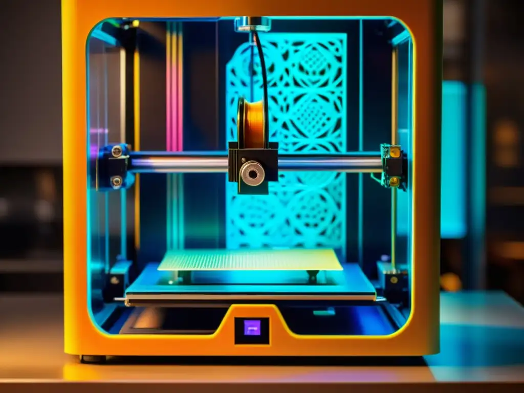 Arte en 3D: Impresora vintage en acción Detalles intrincados y colores vibrantes en impresión 3D de patrones artísticos evocan artesanía tradicional y tecnología de vanguardia