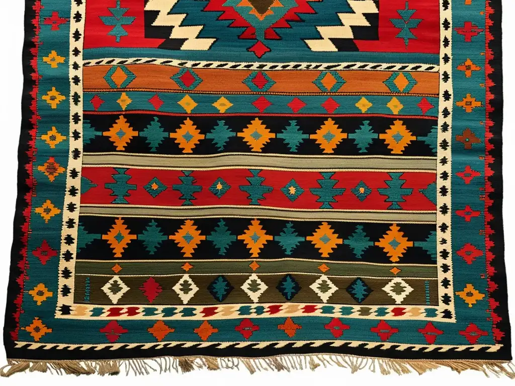 Detalles intrincados y colores vibrantes de un kilim turco vintage, resaltando la artesanía y significado cultural de los patrones