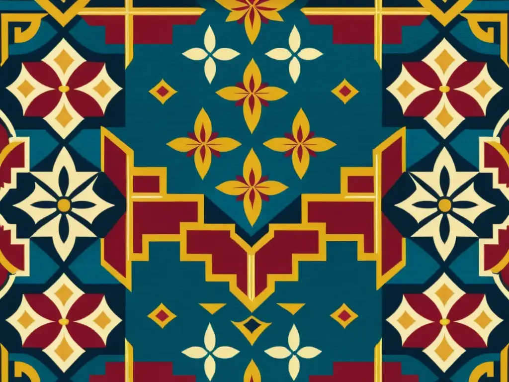 Detalles intrincados de diseño textil para moda global en rojos, azules y dorados, evocando la artesanía tradicional de las telas
