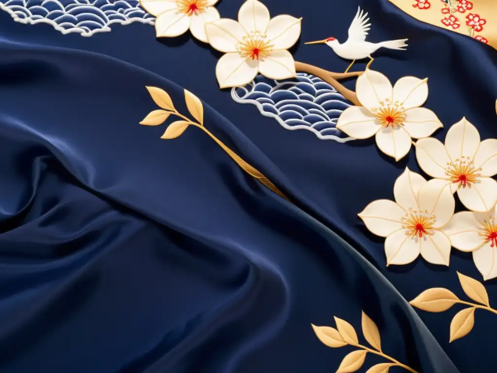 Detalles intrincados de un kimono japonés de seda con patrones asiáticos en el arte, bordados de cerezos, arroyos y grullas sobre fondo índigo