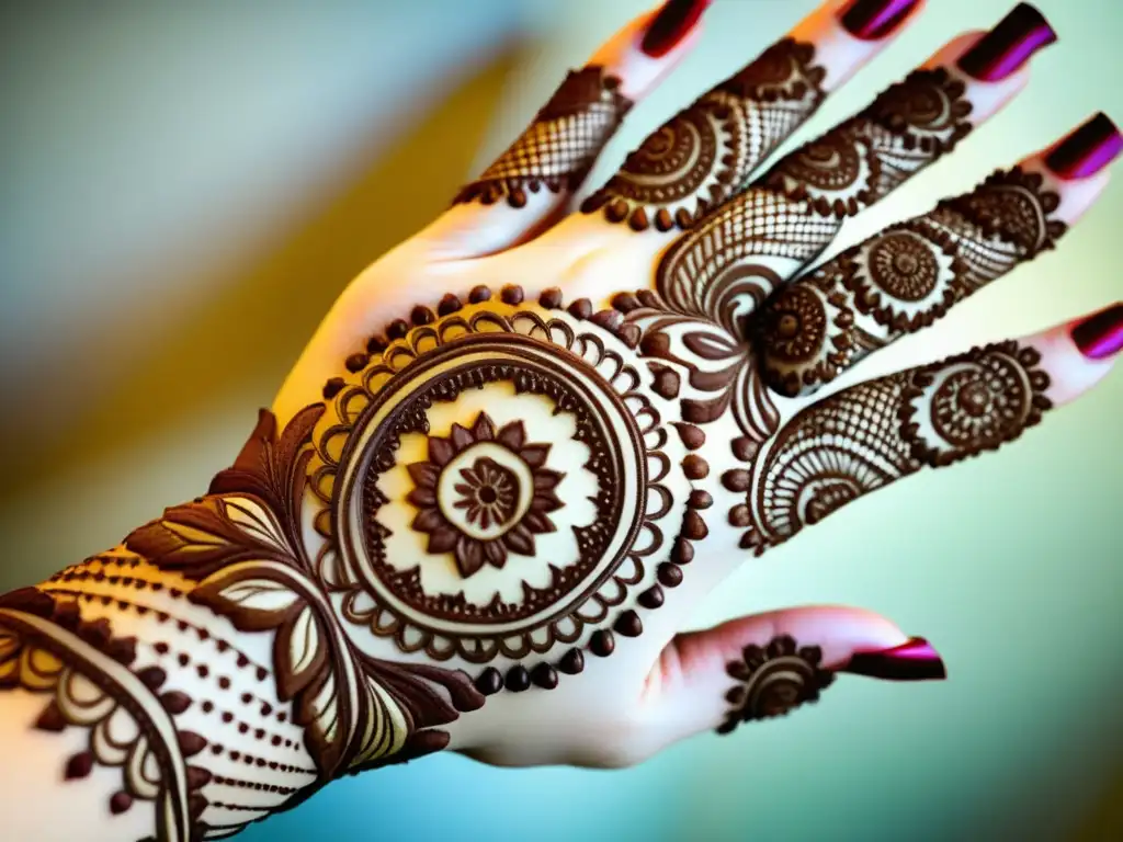 Patrón de henna vintage en mano: detalles delicados y tonos terrosos Detalles intrincados y tonos terrosos de Patrones de Henna contemporáneos en una mano, fusionando tradición e innovación