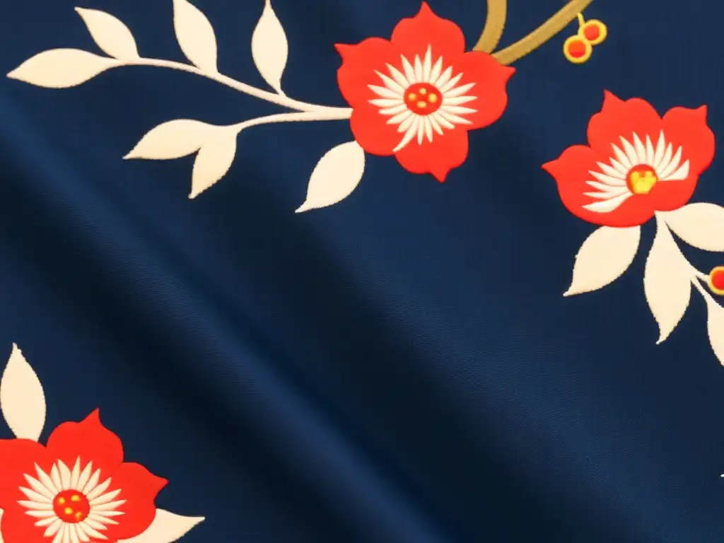 Detalles de un kimono japonés vintage con patrones icónicos moda japonesa en índigo y carmesí, bordados a mano de motivos tradicionales japoneses