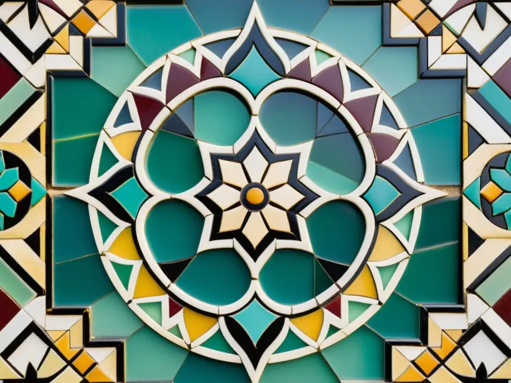 Detalles de un mosaico árabe vintage con narrativa y simbolismo en su diseño geométrico y elementos florales