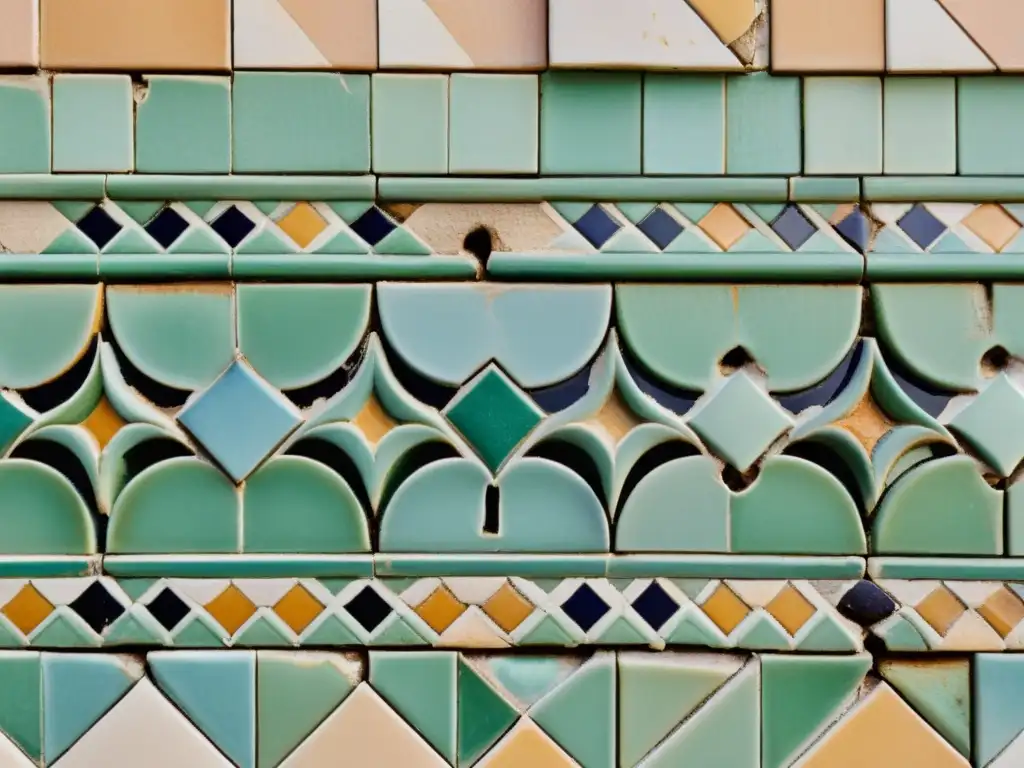 Detalles de un muro de azulejos vintage con patrones geométricos y colores pastel desgastados, iluminados por suave luz solar