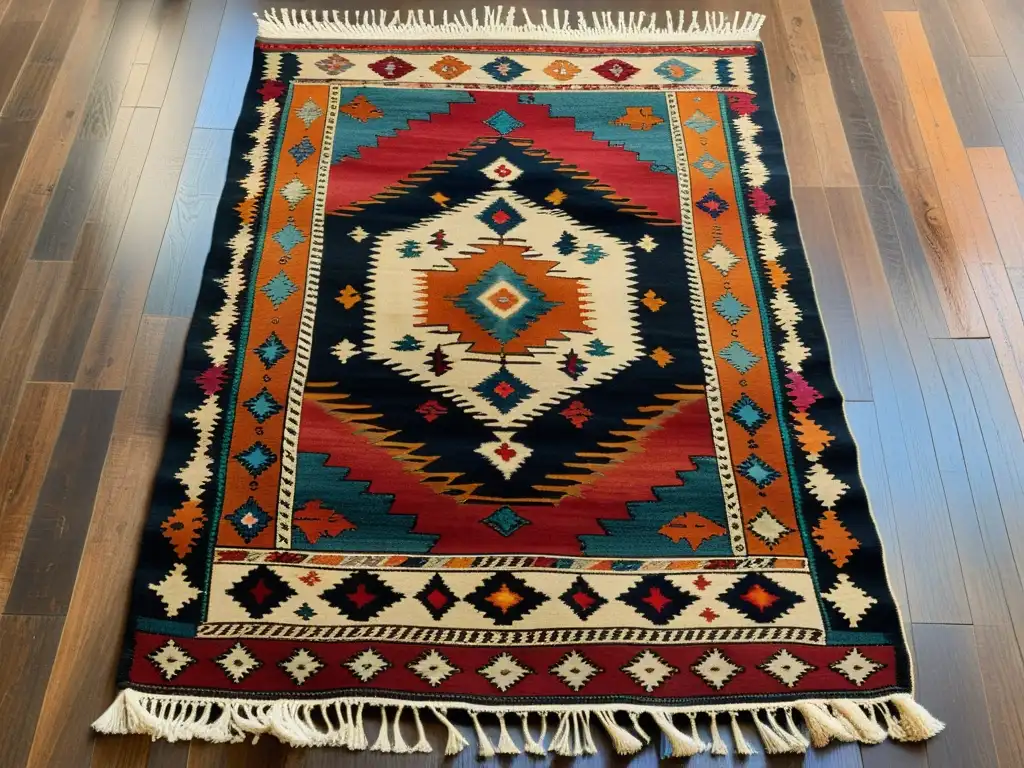 Detalles nítidos de una alfombra kilim turca vintage sobre suelo de madera, iluminada por luz natural