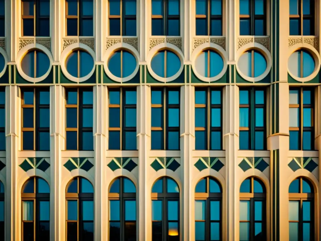 Detalles ornamentados de una fachada Art Deco destacan patrones artísticos en arquitectura moderna