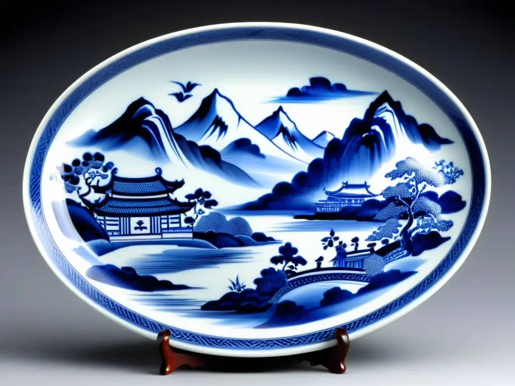 Detalles de patrones artísticos de porcelana Jingdezhen en delicado plato pintado a mano, evocando tradición y maestría