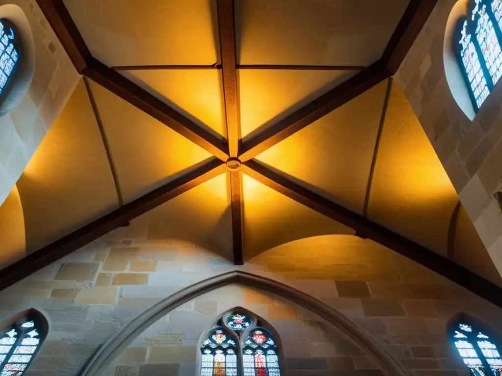 Detalles de patrones geométricos en la arquitectura medieval: luz y sombra en la piedra antigua y vitrales