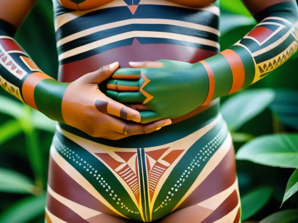 Detalles de patrones en las pinturas corporales indígenas, reflejando la rica cultura amazónica