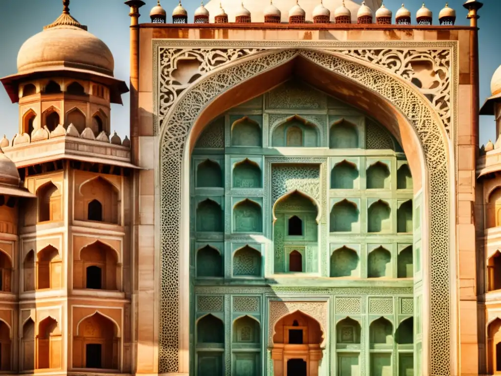 Detalles tallados en piedra del Taj Mahal, resaltados por la luz solar