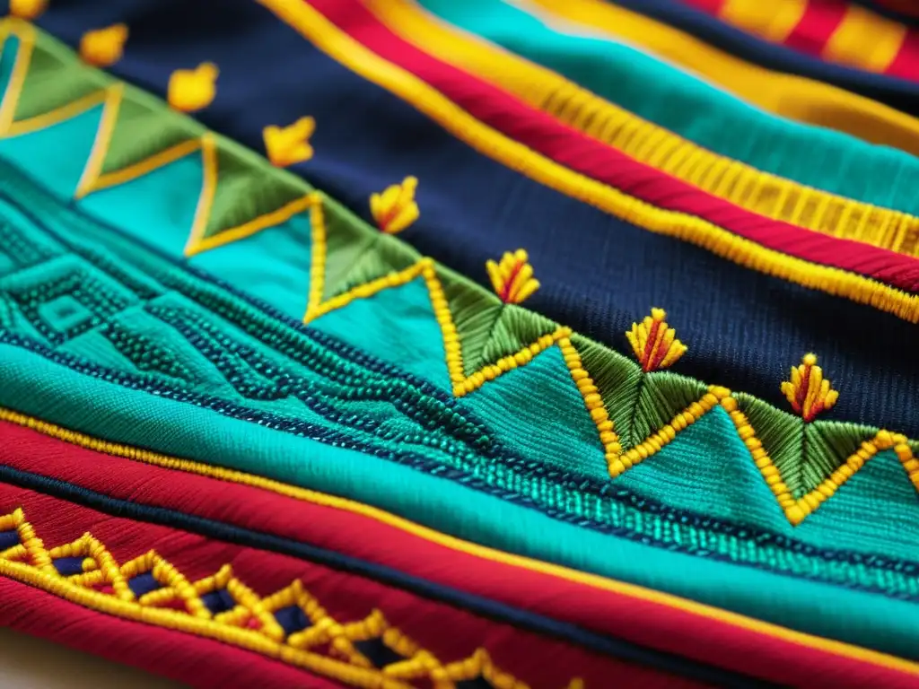 Detalles de un tejido africano bordado con patrones e colores vibrantes, reflejando la rica herencia cultural