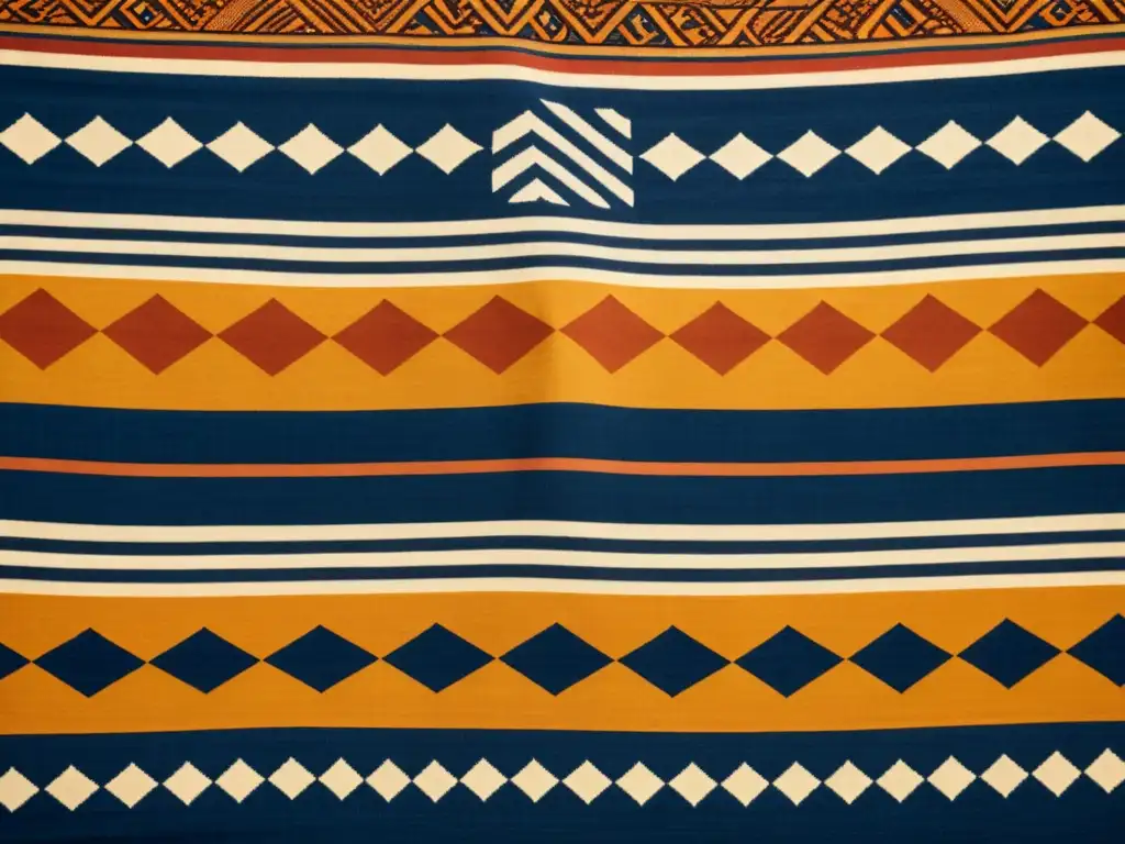 Detalles de un textil africano vintage con diseños tribales africanos más emblemáticos en tonos terrosos de ocre, índigo y óxido, iluminado por el cálido sol