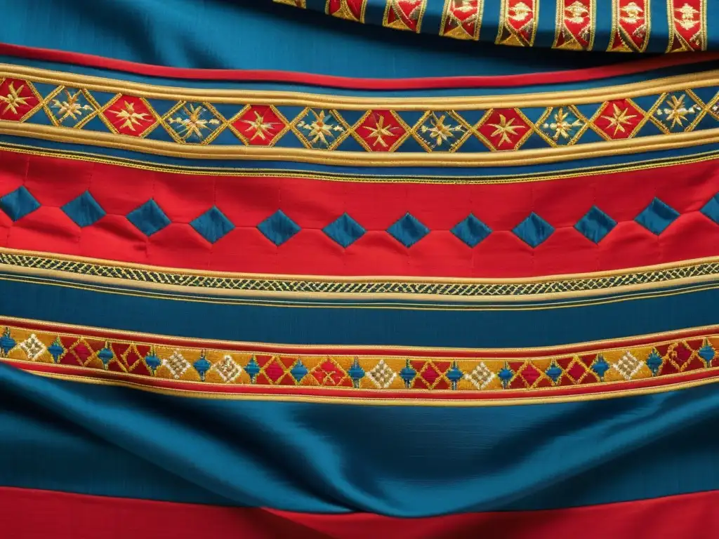 Detalles de un textil bordado con patrones culturales en vibrantes colores de rojo, azul y dorado