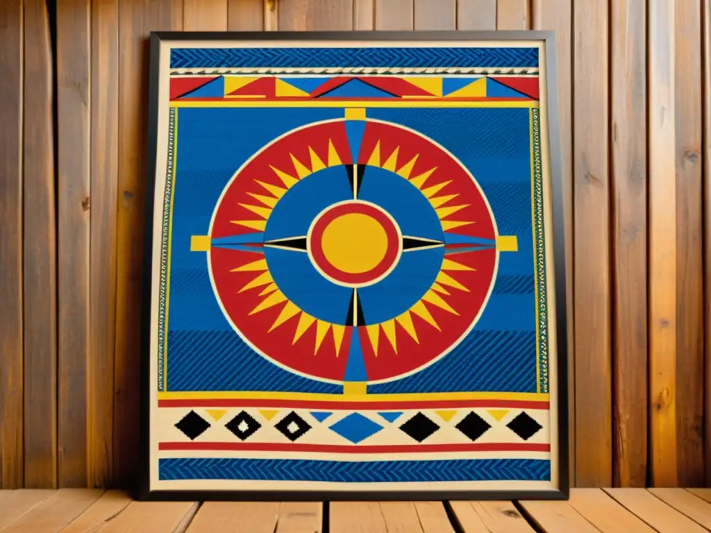 Detalles de un textil Zulú con patrones geométricos en rojo, azul y amarillo, que representan el sol, ganado y maíz, sobre fondo de madera envejecida