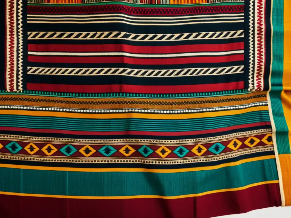 Detalles de un textil tribal vintage con patrones geométricos y colores vibrantes que resaltan el significado cultural de patrones étnicos