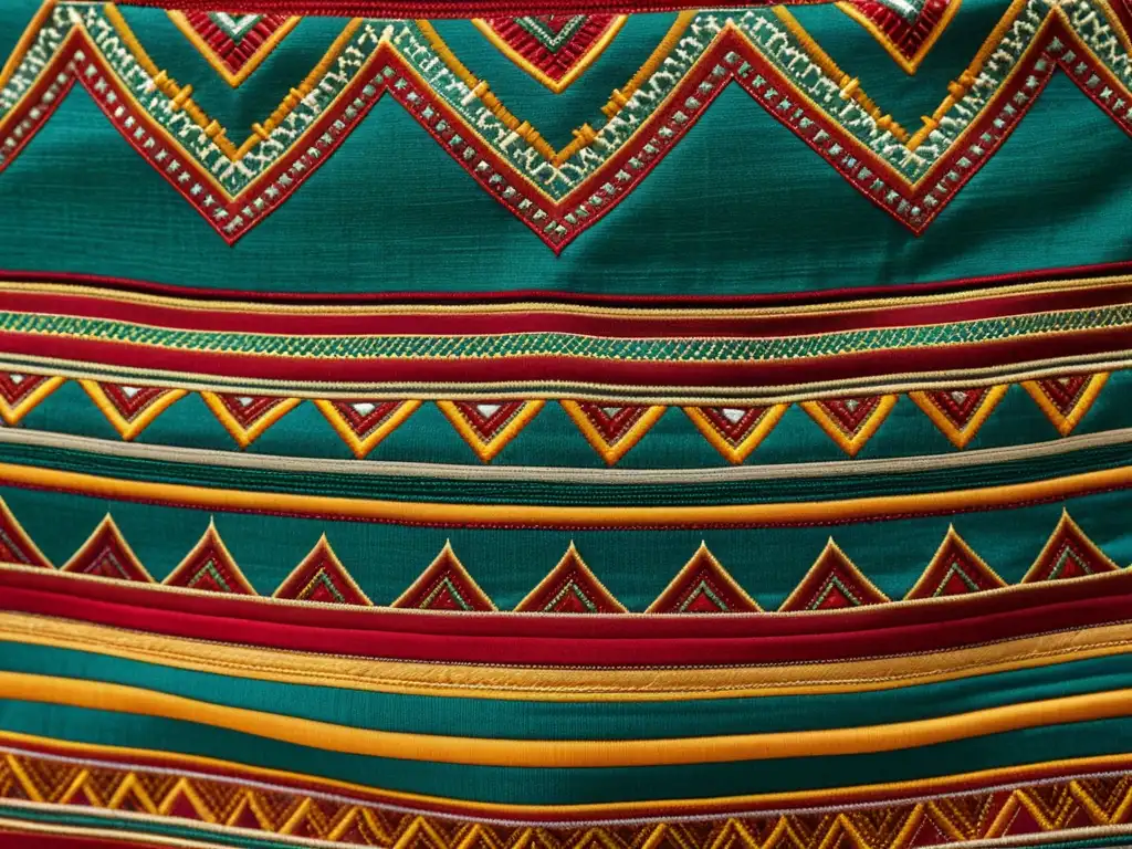 Detalles de un textil vintage bordado con patrones culturales que cuentan historias de herencia y artesanía en tonos terrosos