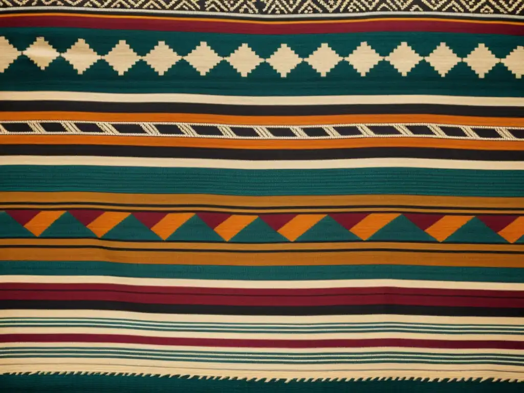 Detalles de un textil vintage tejido a mano con patrones indígenas, evocando historia y tradición