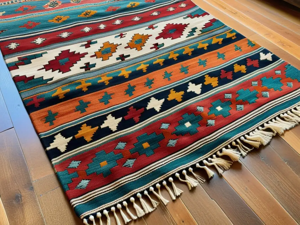 Detalles vibrantes de una alfombra kilim tejida a mano con influencia oriental en decoración europea, sobre suelo de madera pulida y luz natural