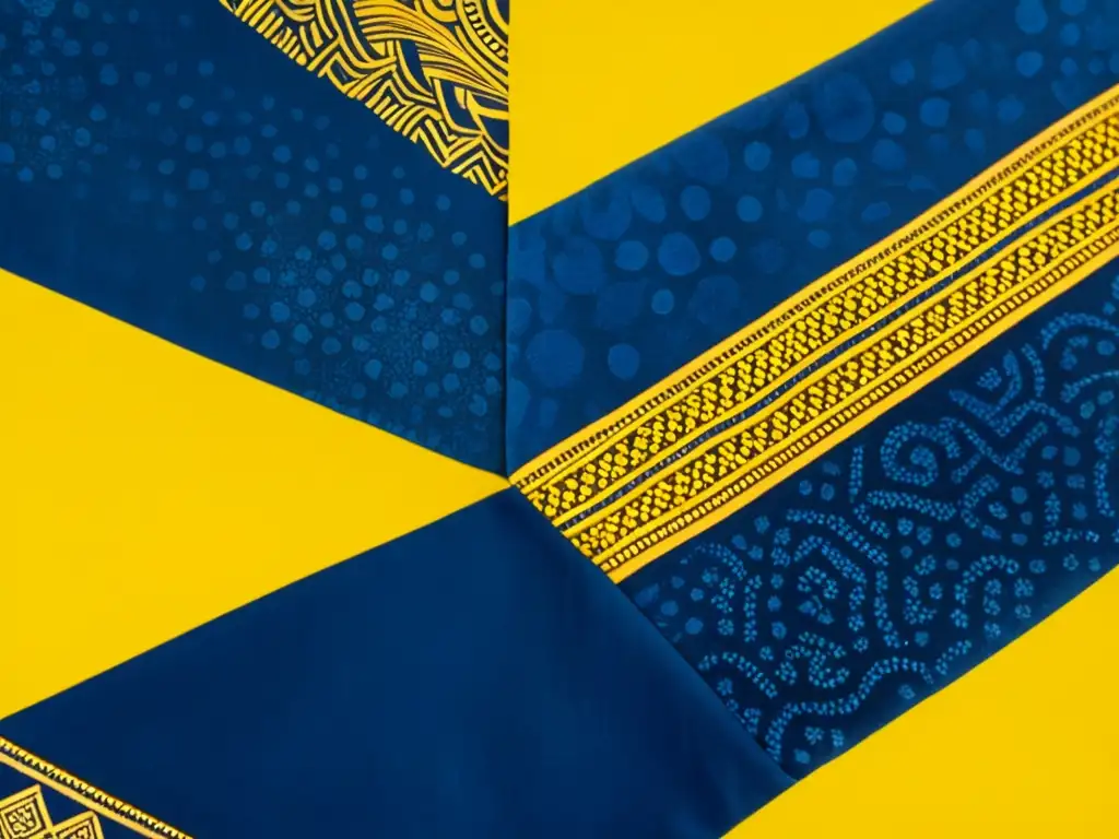 Detalles vibrantes de un batik africano con intrincados diseños en indigo y amarillo mostaza