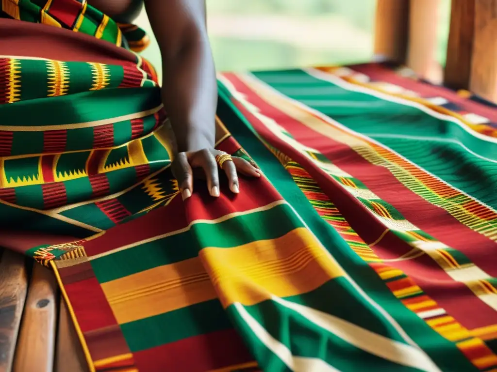 Detalles vibrantes del Kente, mostrando patrones geométricos en tonos rojos, dorados y verdes