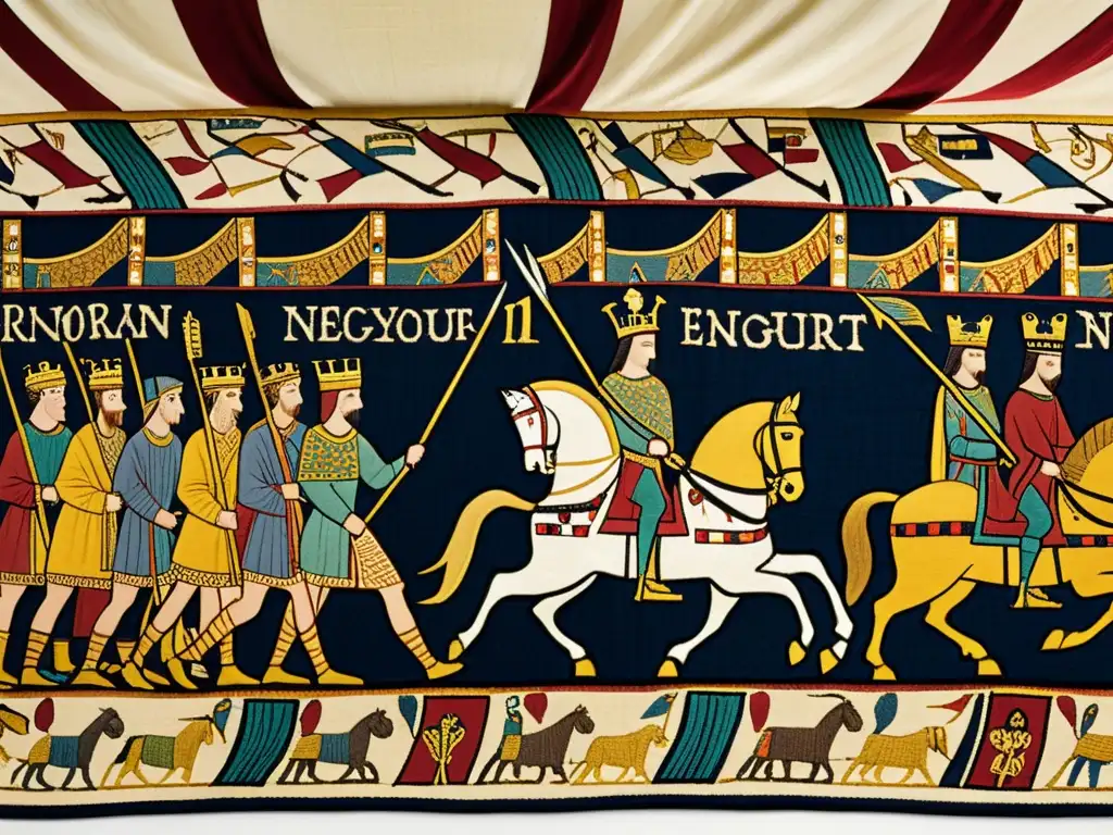 Detalles vibrantes de los Patrones del arte medieval europeo en el Tapiz de Bayeux, con escenas de la conquista normanda del siglo XI