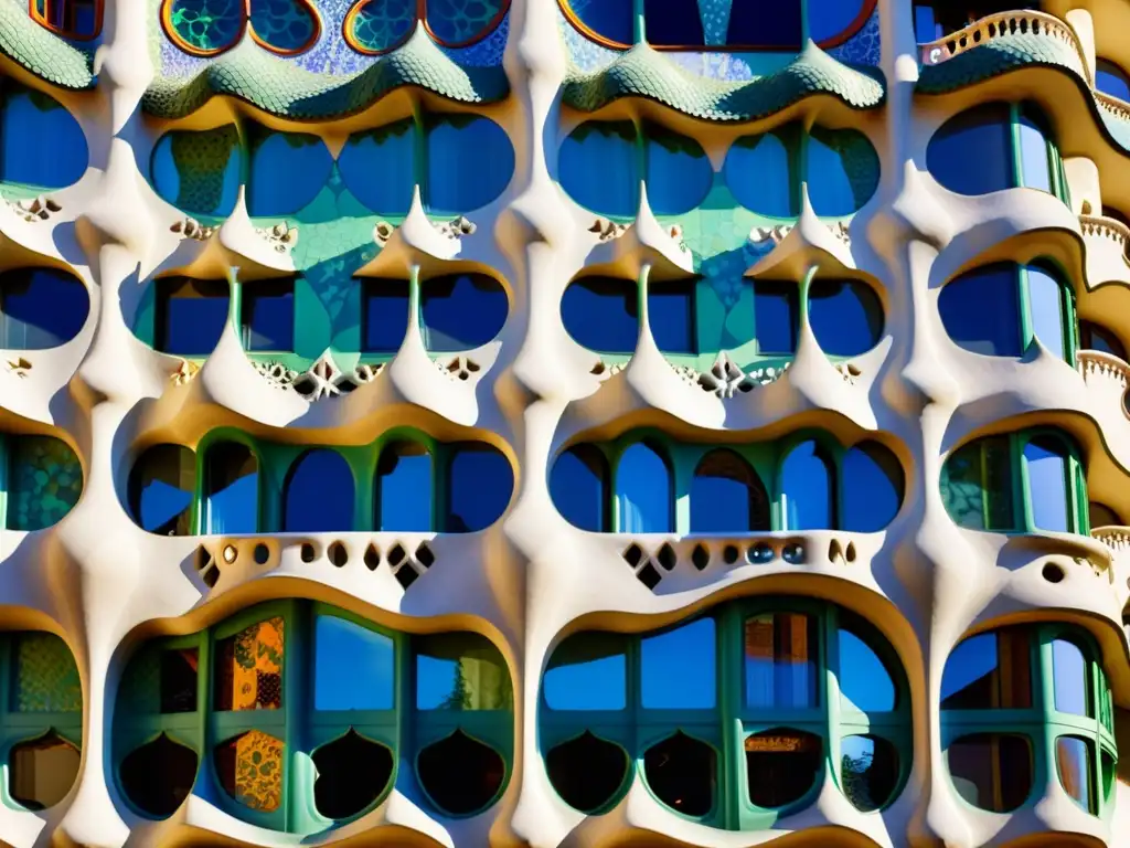 Detalles vibrantes de los patrones geométricos en el Modernismo catalán, resaltados por la luz solar en la fachada de Casa Batlló