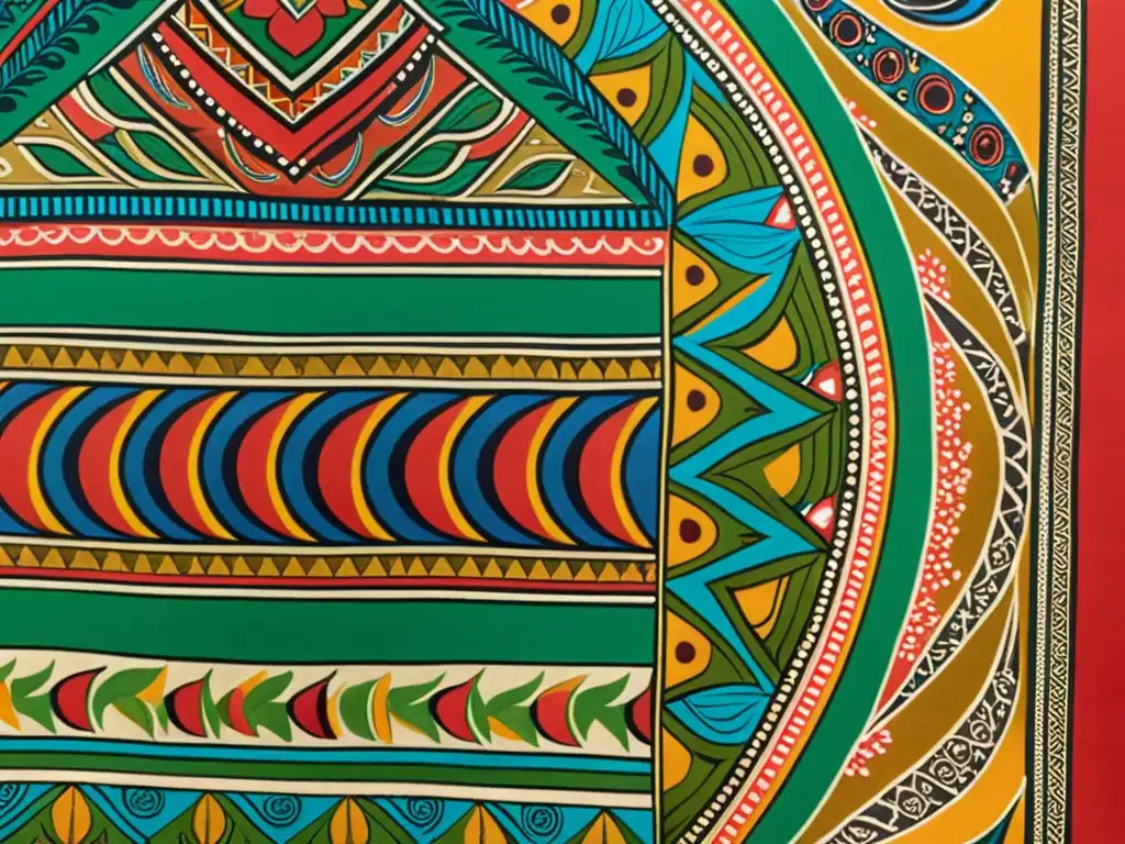 Detalles vibrantes de Madhubani en telas arte, con motivos tradicionales y colores terrosos, exudando encanto vintage