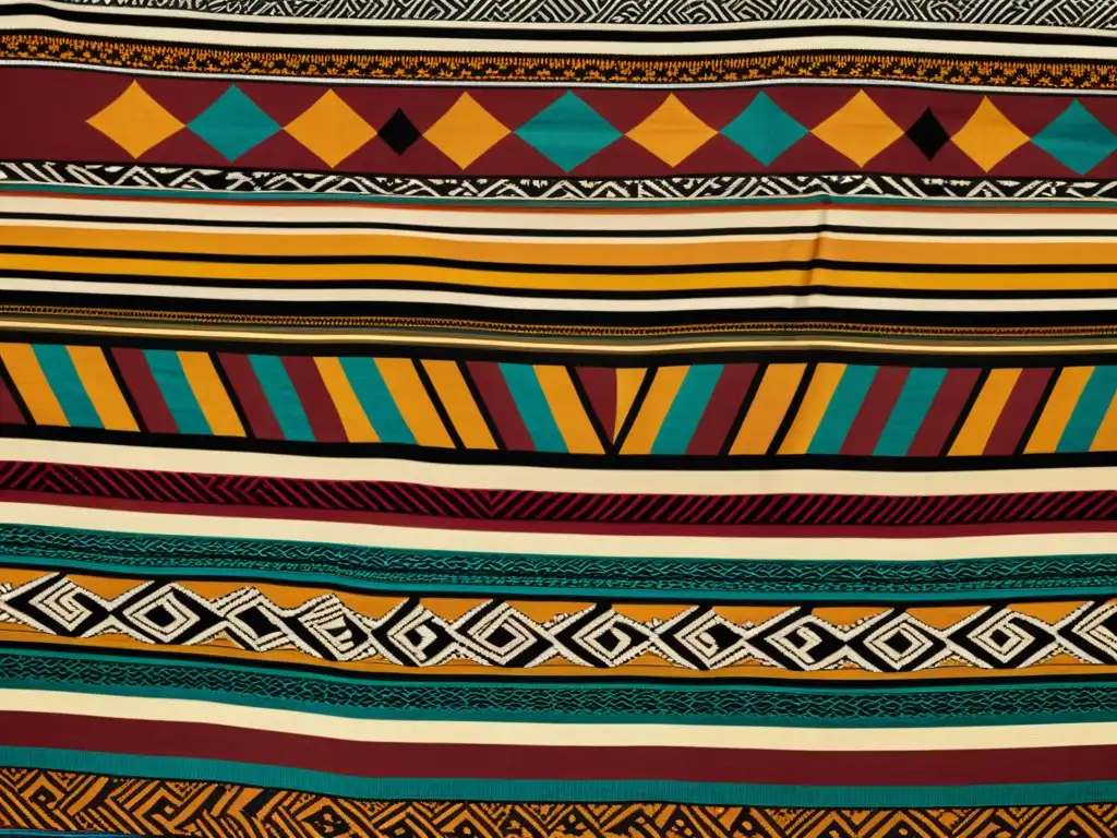 Detalles vibrantes de un textil africano vintage, tejido a mano con patrones geométricos